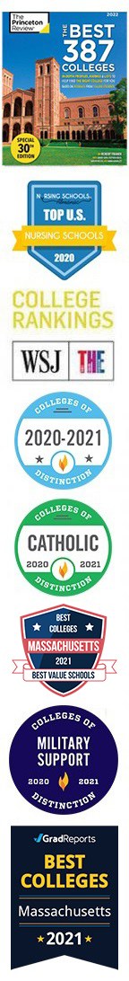 A list of badges recognizing Assumption as being a U.S. News & World Report top college, Military Friendly school, Catholic and College of Distinction and one of the Best 387 Colleges as ranked by The Princeton Review.