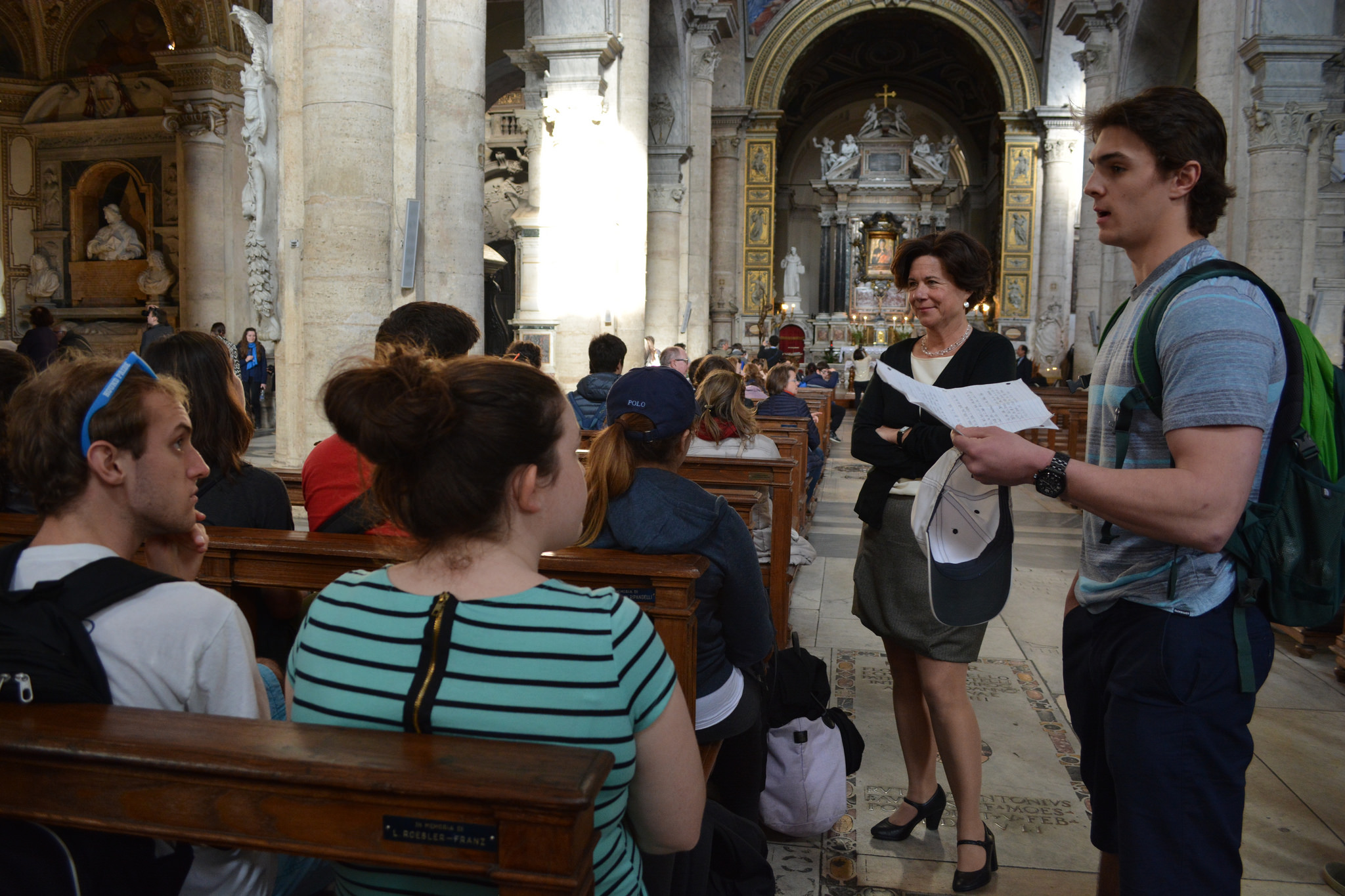 Professor Daria Borghese guides a group of Assumption students through the 15th-century Santa Maria del Popolo, famed for its wealth of Renaissance art and located next to the northern gate of Rome. Possessing a rich knowledge of Roman art, Borghese uses the city as a living classroom.
