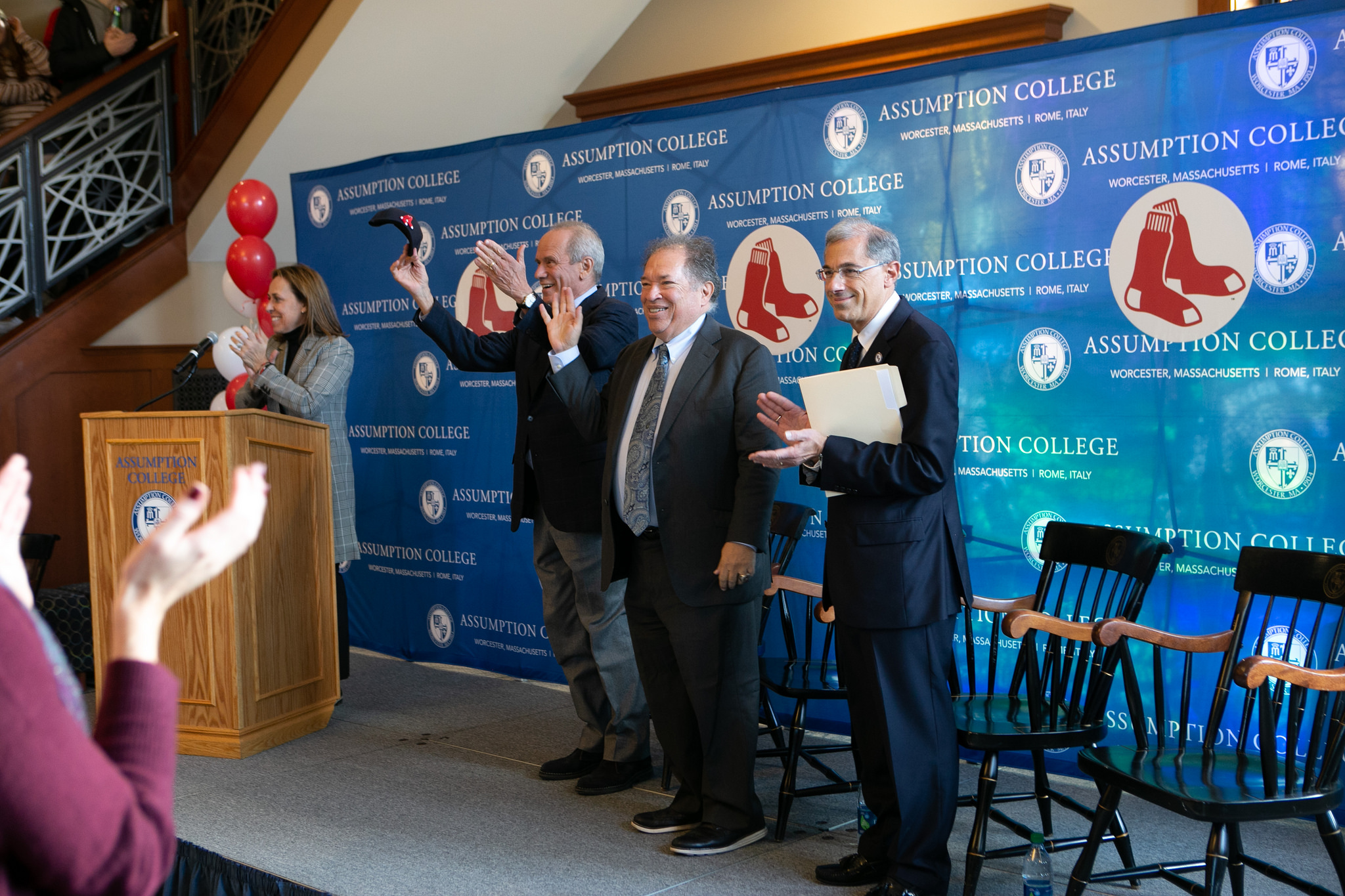Larry Lucchino, Dr. Charles Steinberg and Francesco C. Cesareo announce a new partnership between Assumption College and the Worcester Red Sox.