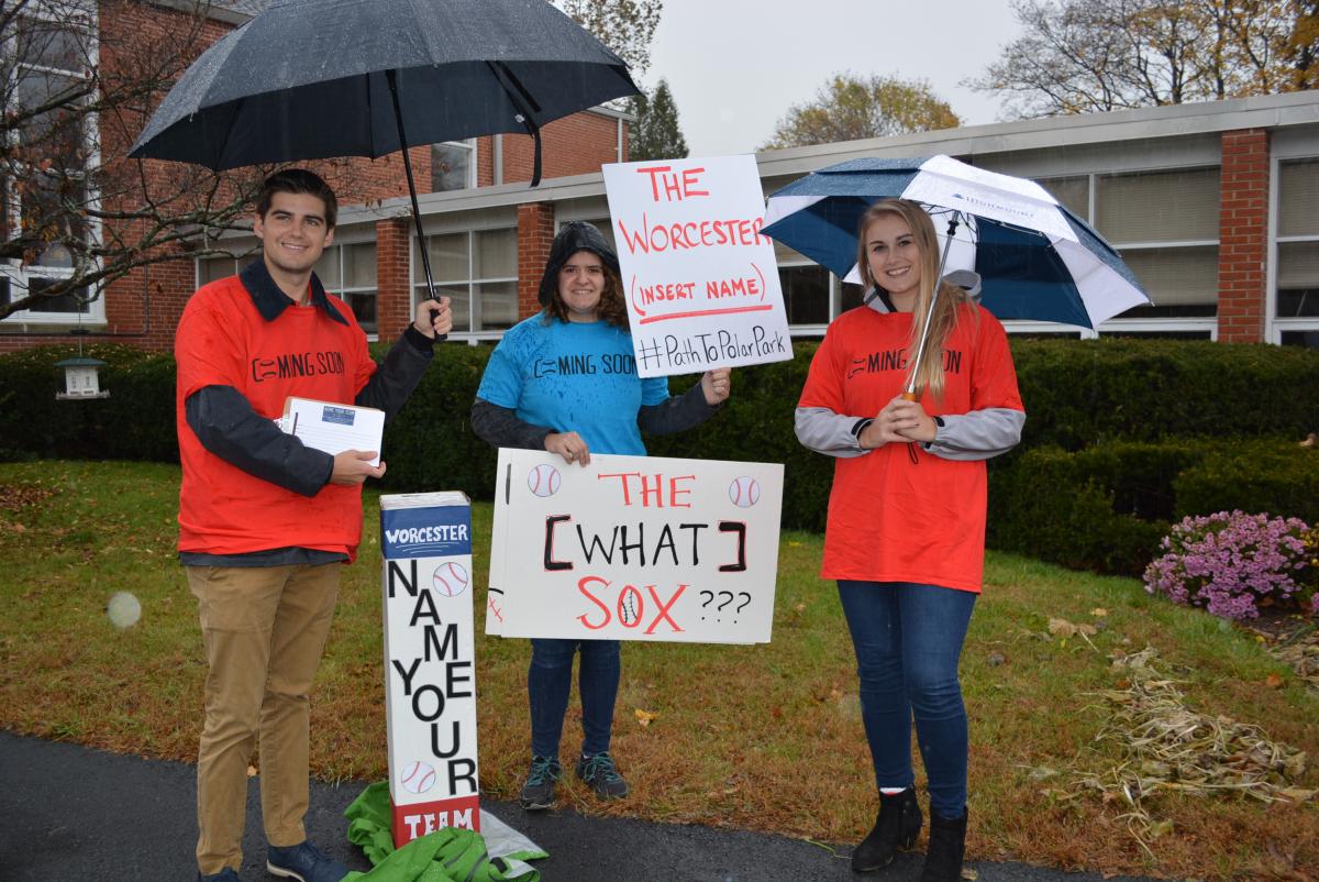 Assumption students and Worcester Red Sox officials staff ballot locations to welcome suggestions for the team's new name