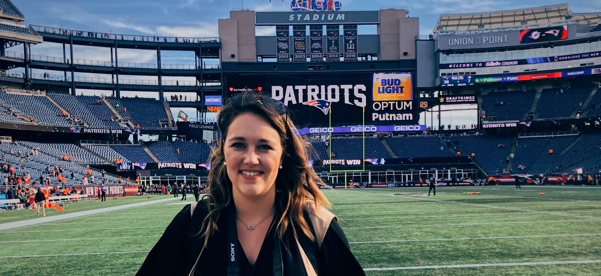 Casey Ellms '18 at Gillette Stadium after a New England Patriots win.