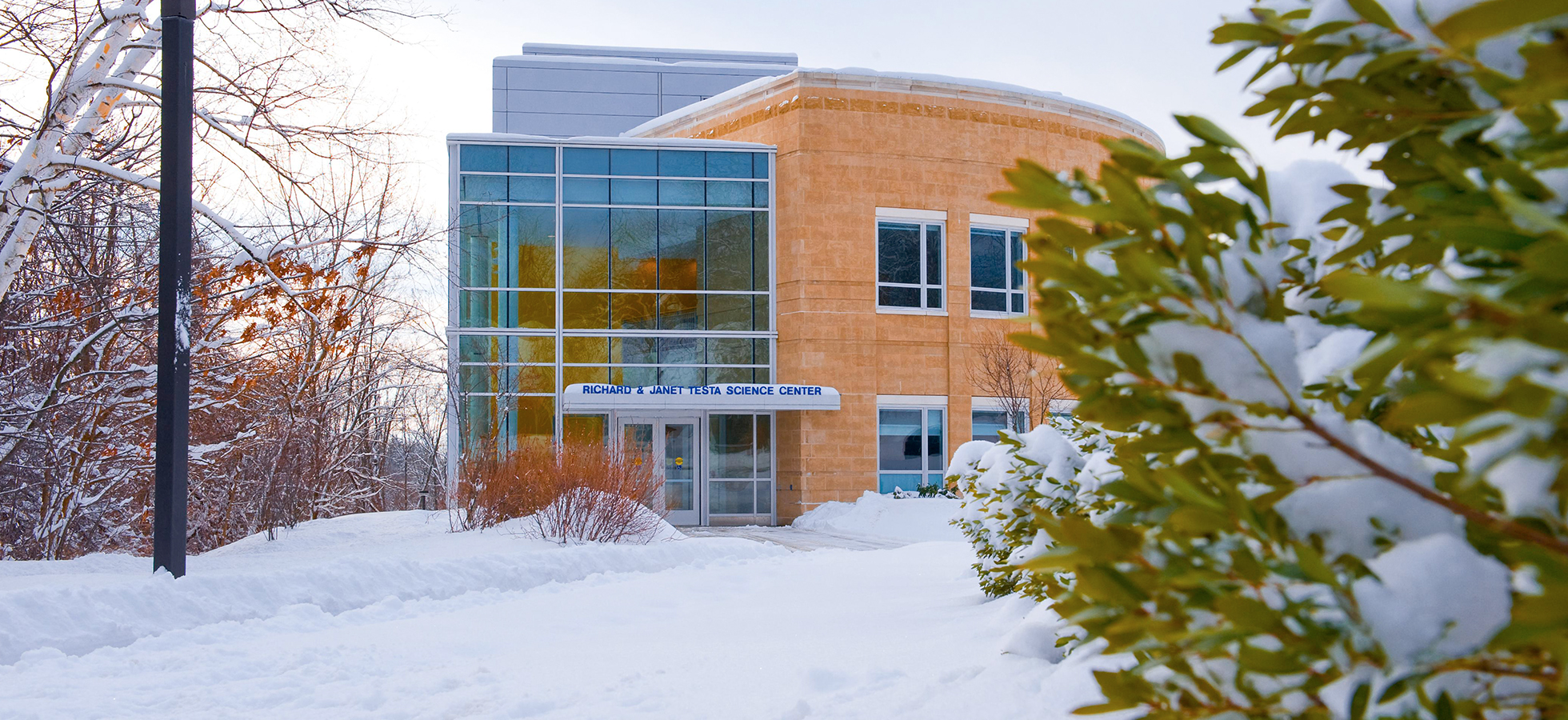 The Testa Science Center at Assumption College blanketed in snow.