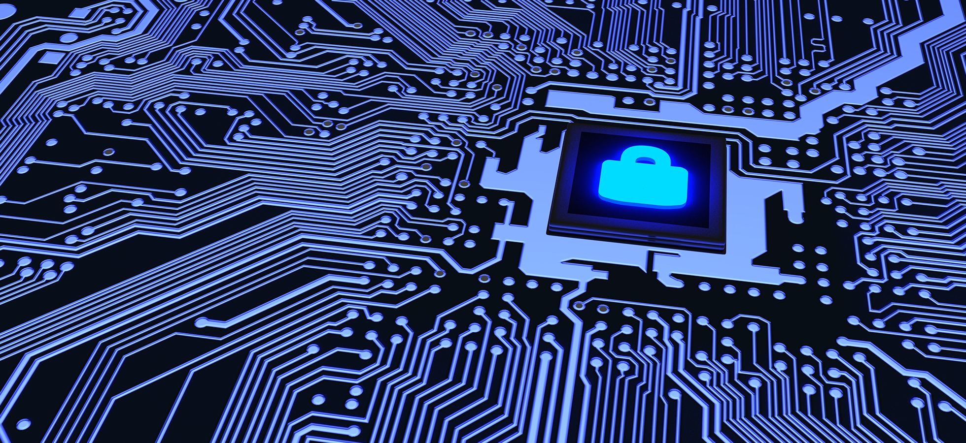 Photo of a circuit board with a blue padlock, representing cybersecurity.