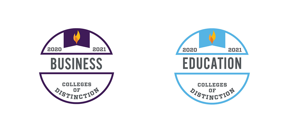 Two badges indicating that Assumption's business and education programs were recognized by Colleges of Distinction, an independent ranking organization.