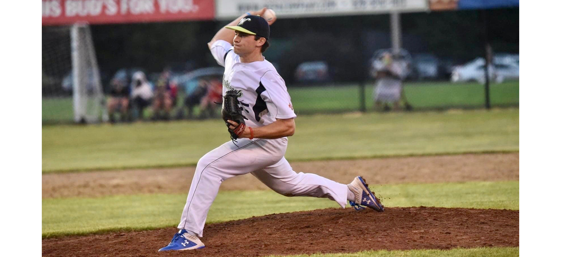 Brendan Desautels ’21 pitching off the mound. He is pitching this summer for the Worcester Bravehearts