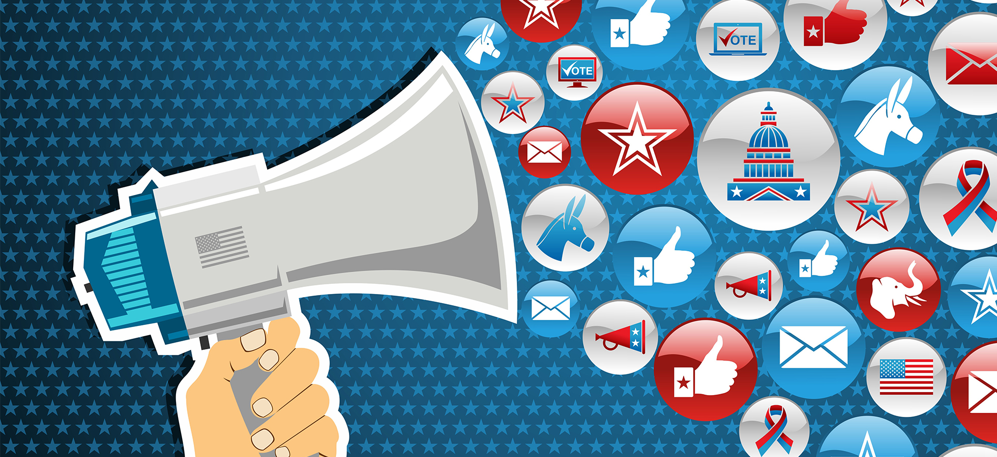 A hand holding a megaphone with icons splash background.
