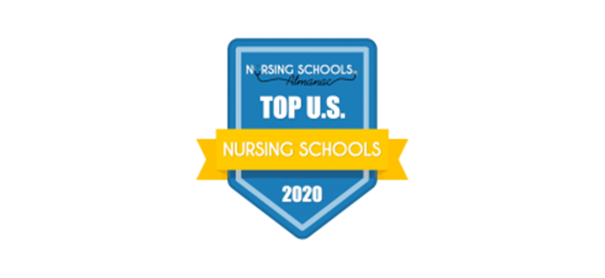 A blue and yellow badge indicating that Assumption University's Nursing School has been ranked a top school by Nursing Schools Almanac