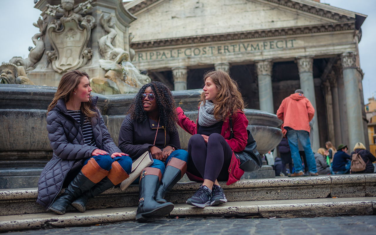 Assumption students studying at the University's Rome Campus spend some free time outside of the Pantheon in Piazza della Rotonda
