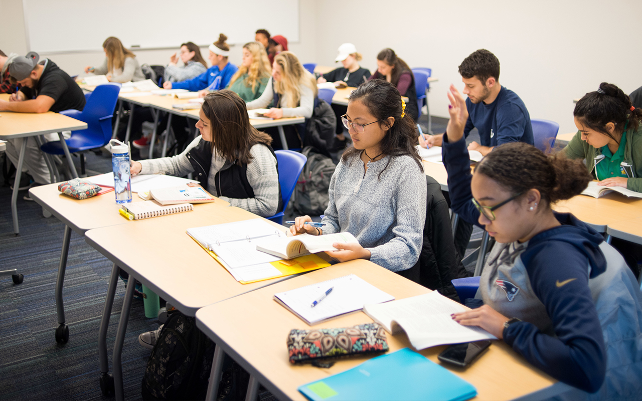 Assumption University students in a state-of-the-art classroom in the Tsotsis Family Academic Center.