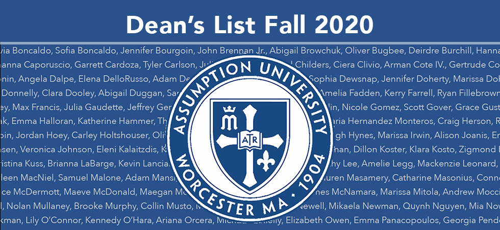 A graphic with the Assumption University seal with the names of those students who made the Dean's List for fall 2020.