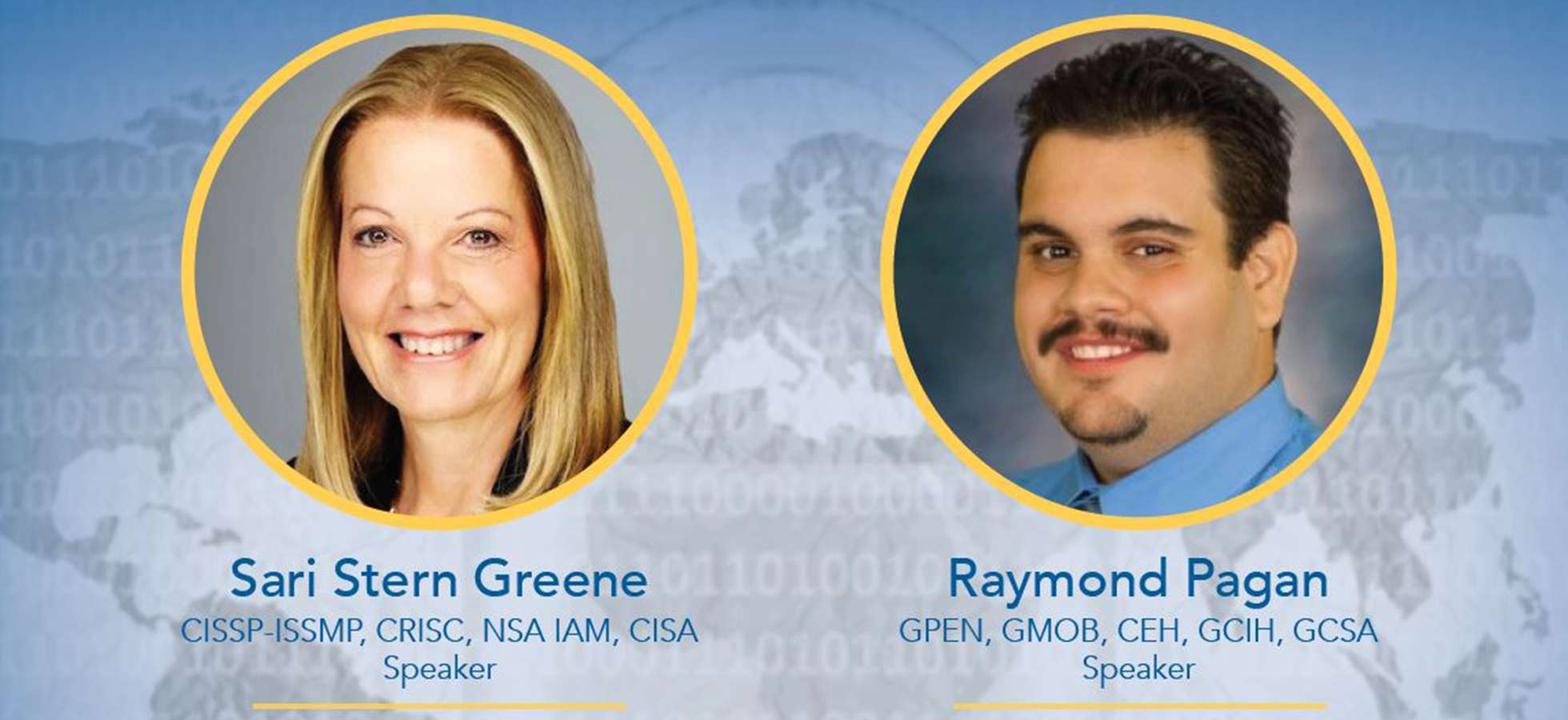 Graphic featuring Sari Stern Greene and Raymond Pagan who will speak at an Assumption University Cybersecurity event.