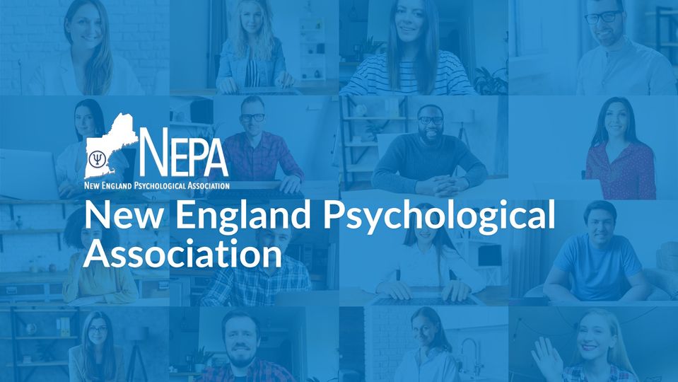 A blue graphic for the New England Psychological Association which named Assumption University Associate Professor of Psychology Adam Volungis, Ph.D., as its next president. Prof. Volungis assumes the role from fellow Assumption Professor Leonard A. Doerfler, Ph.D., who has served as NEPA president since 2018.
