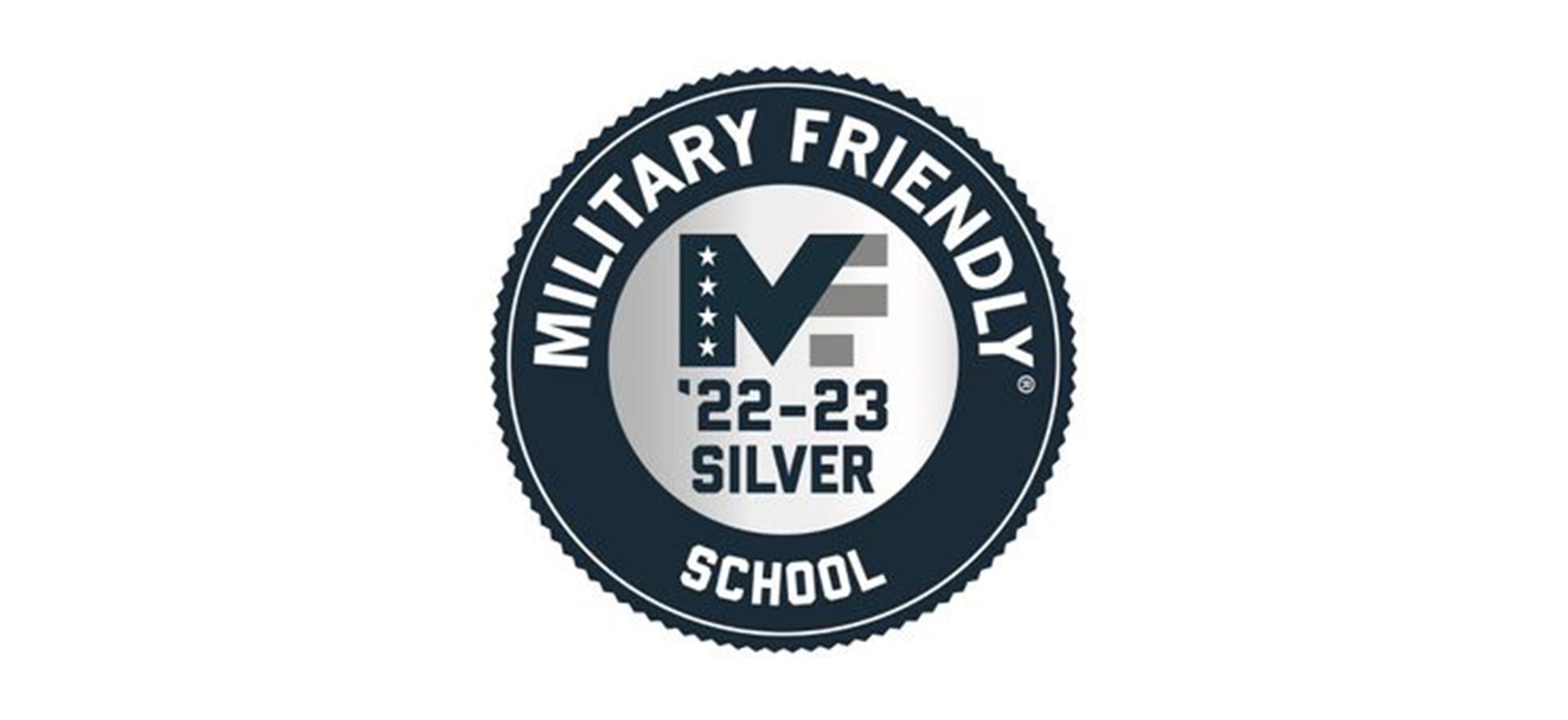 A blue and gray badge indicating that Assumption has been named a Military Friendly® School Silver Award winner.