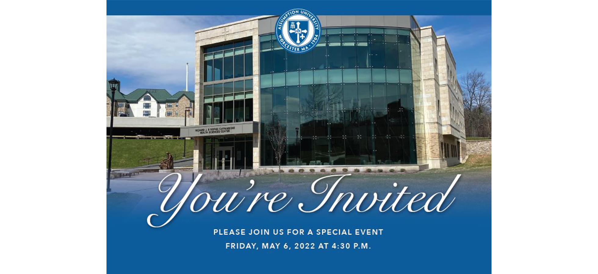 Invitation to the dedication and blessing of the Catrambone Health Sciences Center with a photo of the new building.