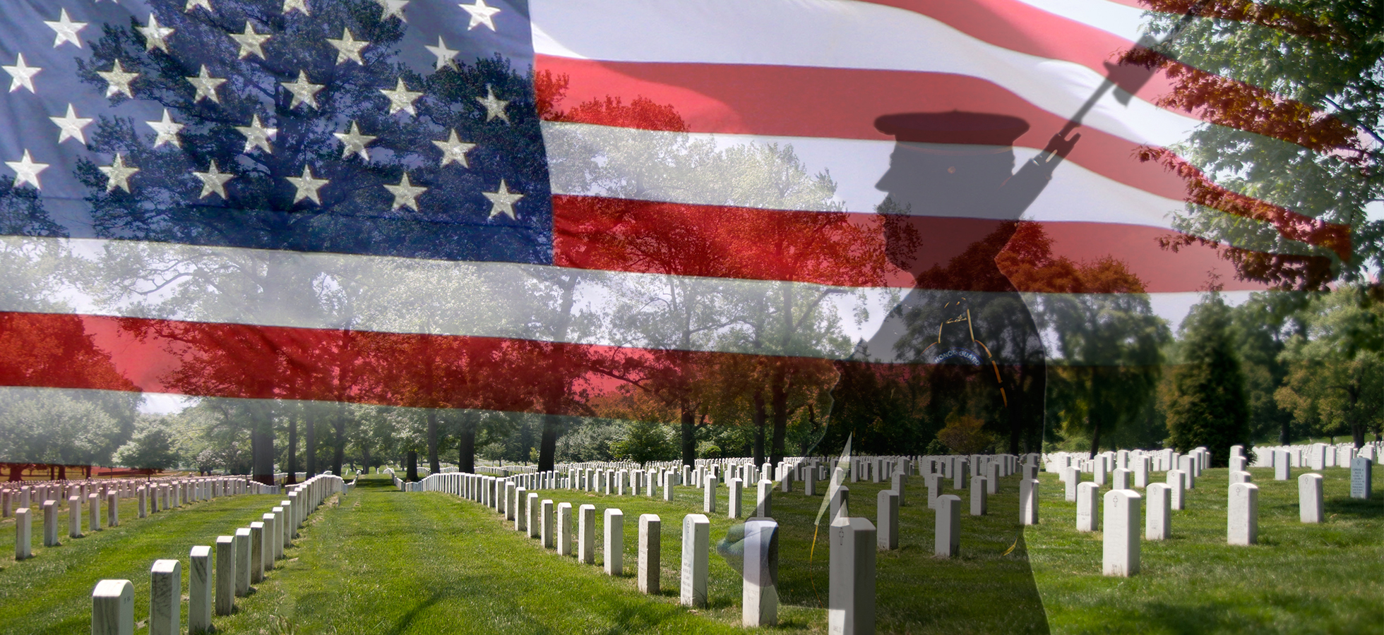Image of an American flag over Arlington National Cemetery.