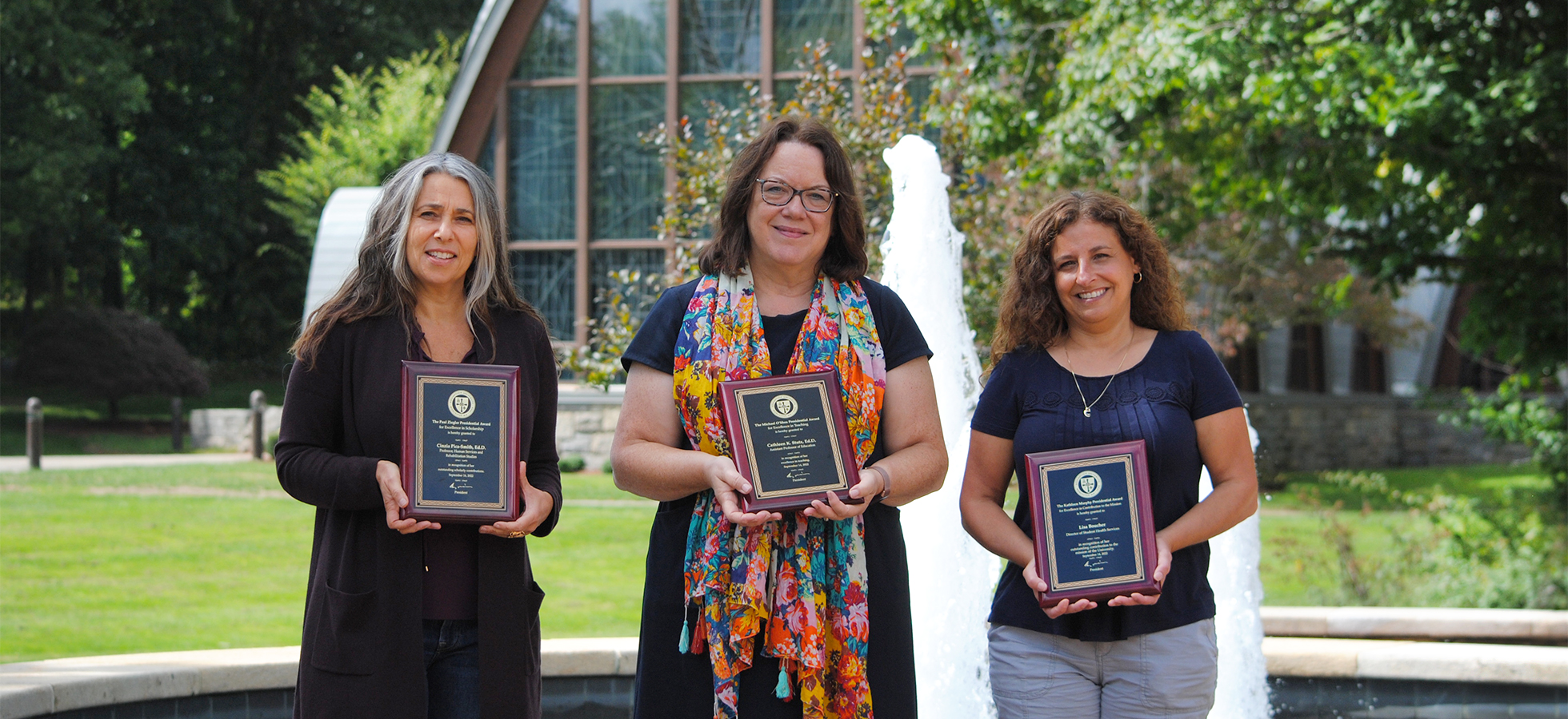 Assumption University's Cinzia Pica-Smith, Lisa Boucher, and Cathleen Stutz received the 2022 Assumption University Presidential Awards for their excellence in scholarship, teaching, and commitment to the mission of the University