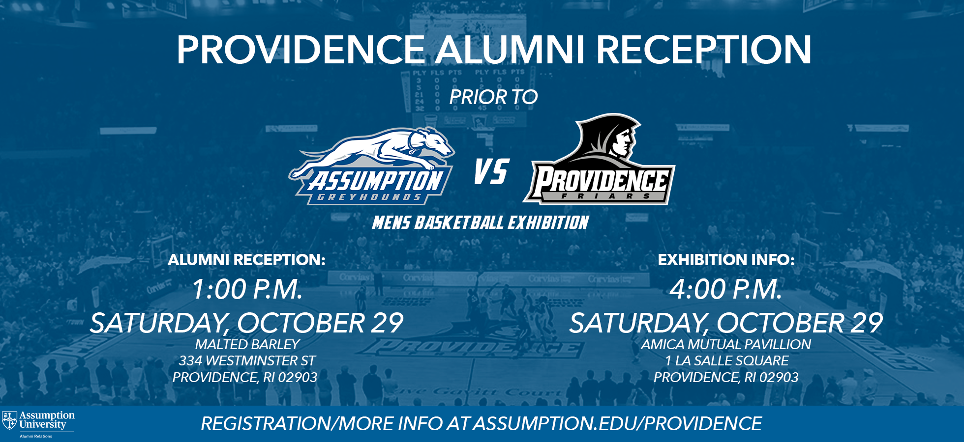 Providence RI Assumption University/College Alumni Reception will be held at Malted Barley on Saturday, October 29 at 1:00 P.M.