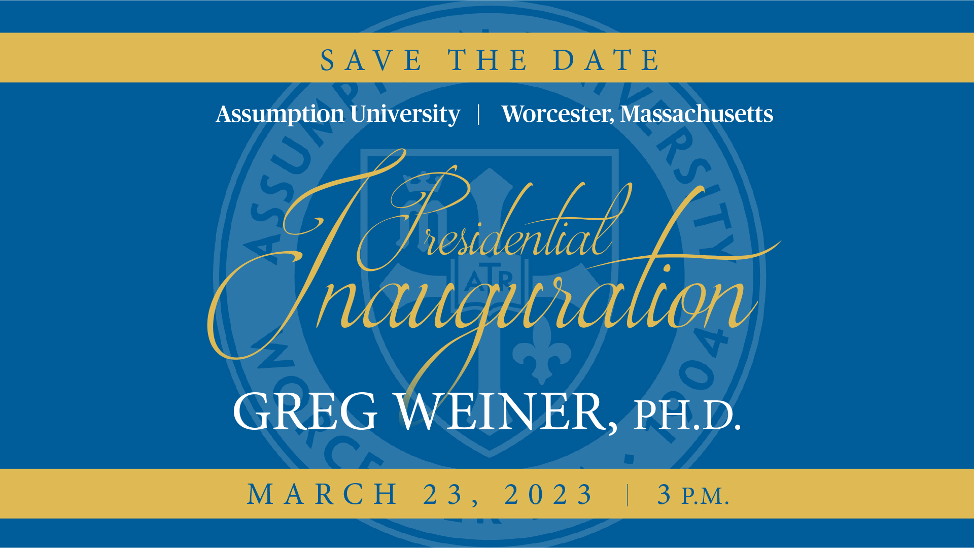 Assumption University President Greg Weiner will have his inauguration on March 23, 2023 in the Plourde Recreation Center on Assumption University's Worcester, MA campus