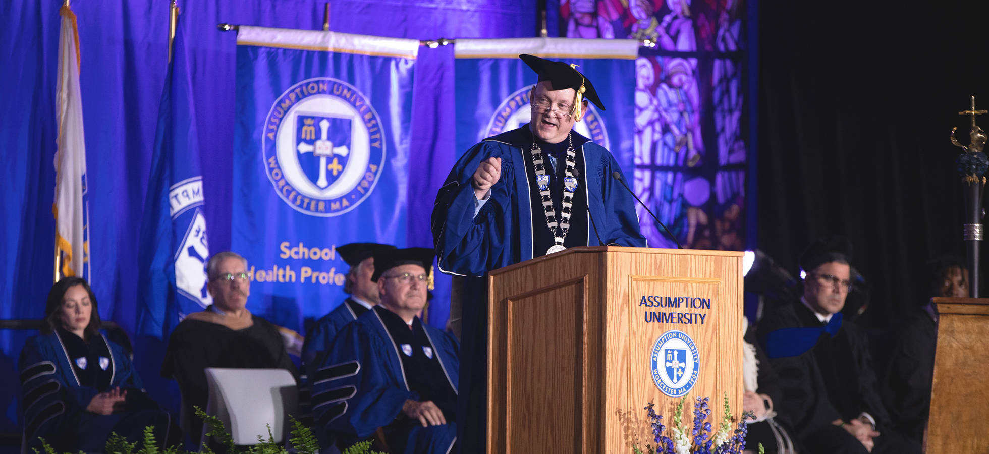 Assumption University President Greg Weiner at his Inauguration Ceremony in Plourde Recreation Center on March 23, 2023