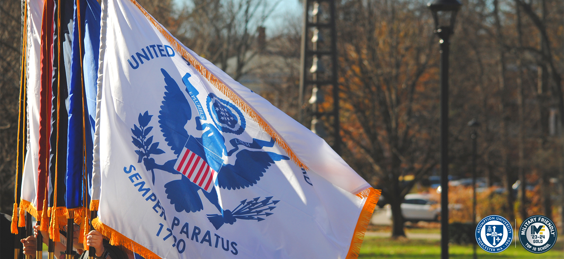 Assumption University is named a top 10 military friendly college by Military Friendly. Flags of the United States Armed Forces fly on Assumption University's Worcester, Massachusetts campus.