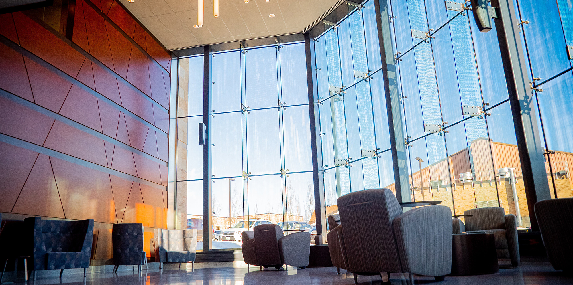 Atrium of the Health Sciences Building on the Assumption University campus in Worcester, Massachusetts.