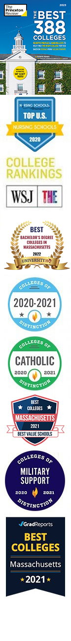 A list of badges recognizing Assumption as being a U.S. News & World Report top college, Military Friendly school, Catholic and College of Distinction and one of the Best 387 Colleges as ranked by The Princeton Review.