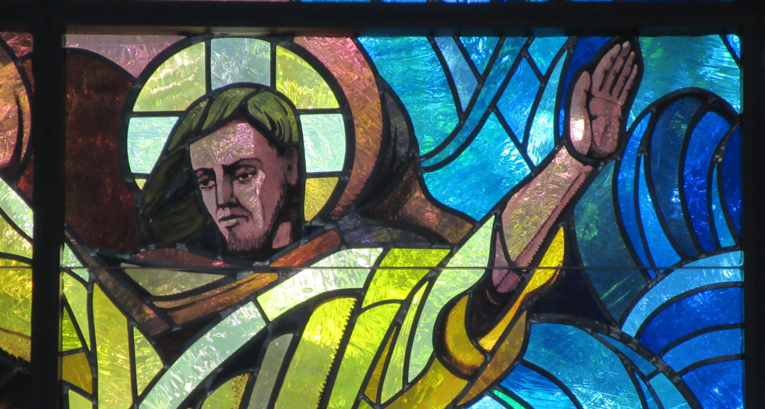 A stained glass window in the Chapel of the Holy Spirit.