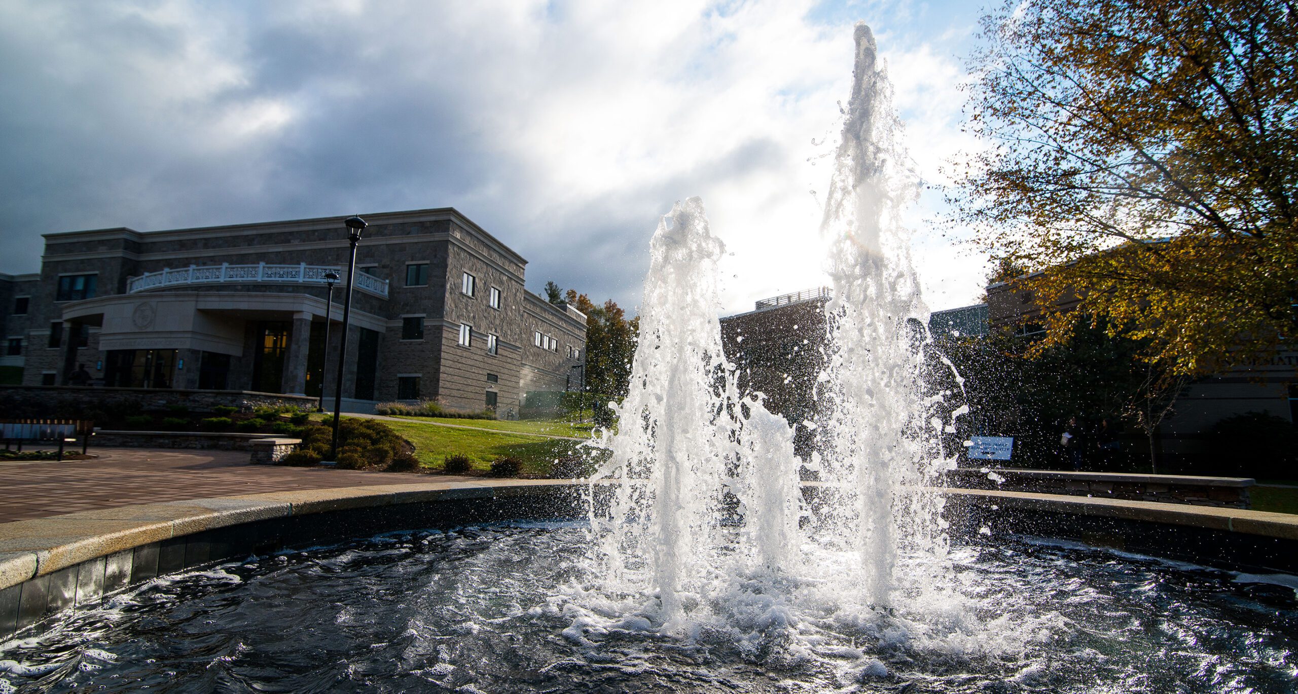 The fountain outside of the Tsotsis Family Academic Center on the Assumption campus.