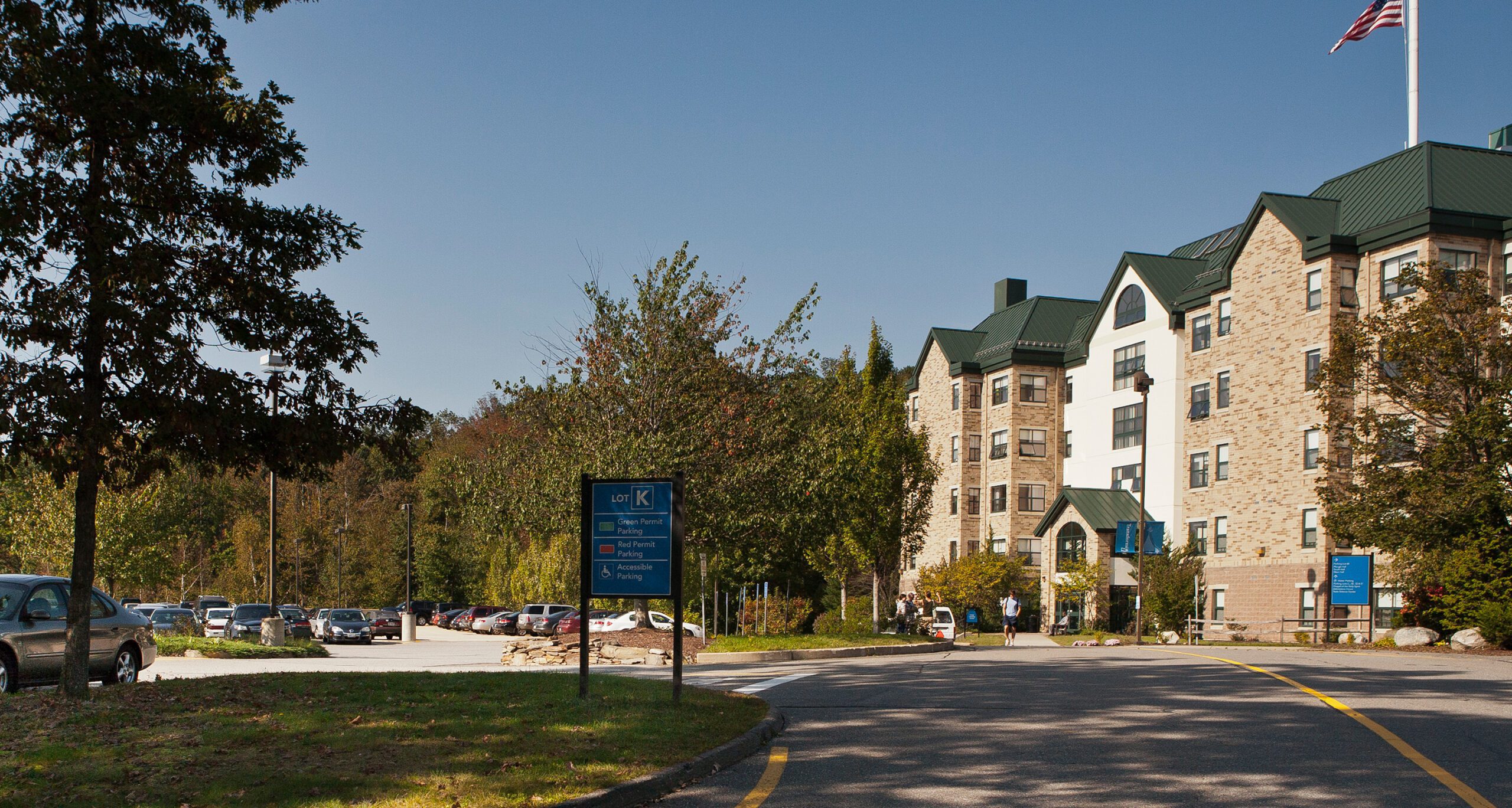 An exterior view of the Living Learning Center residence hall at Assumption College.