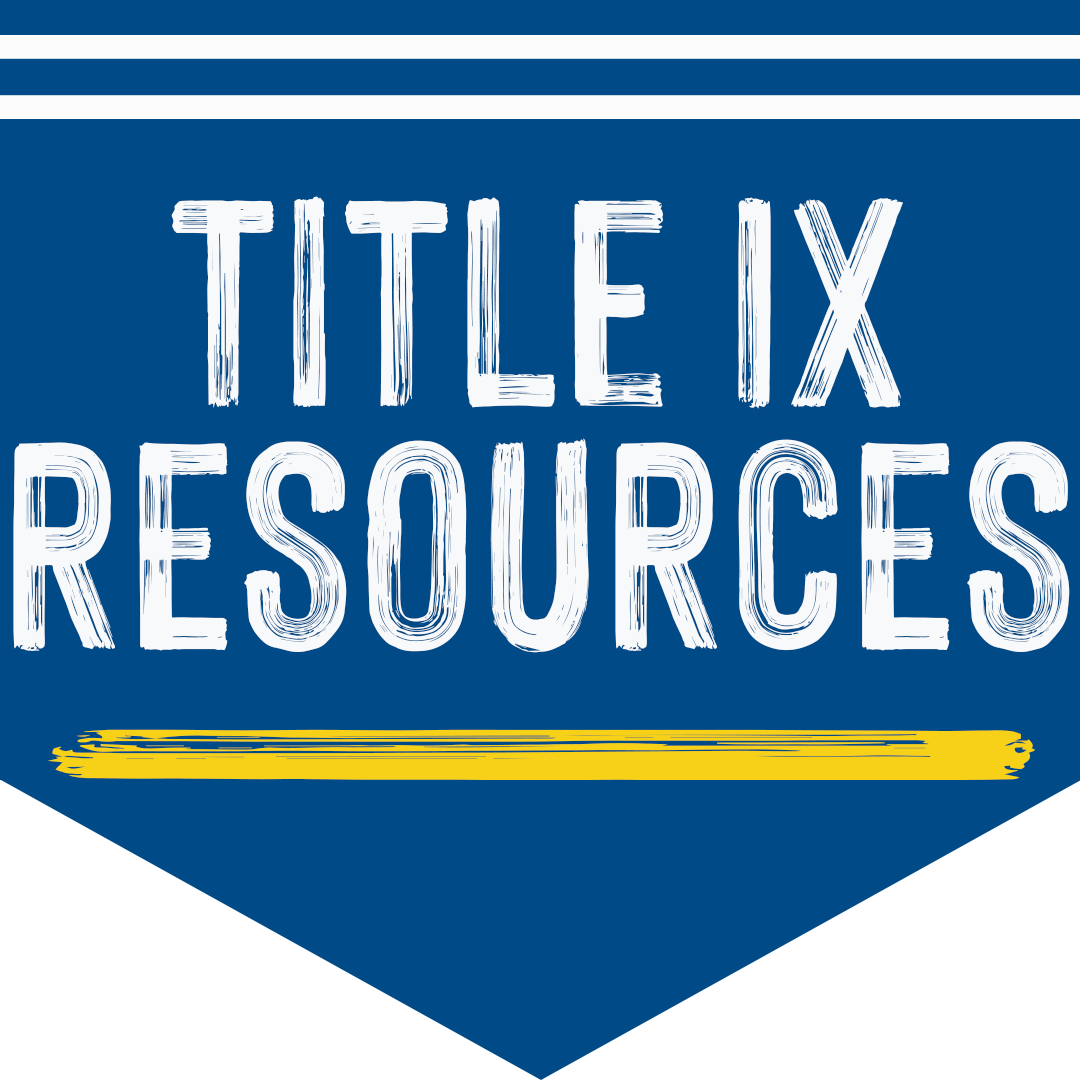 Blue irregular pentagon shape with the words "Title IX Resources" written in white text