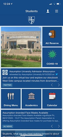 Blue, tiled menu screen of the Assumption University mobile application.