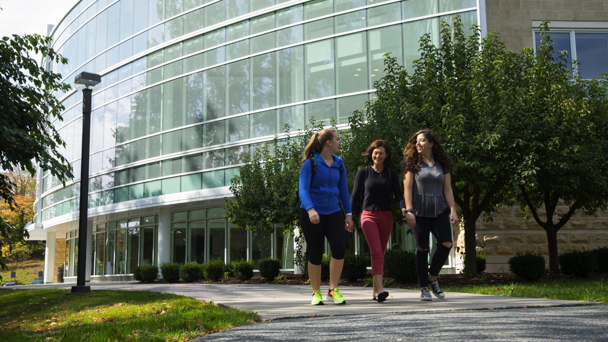 The female students walking by the Testa Science Center