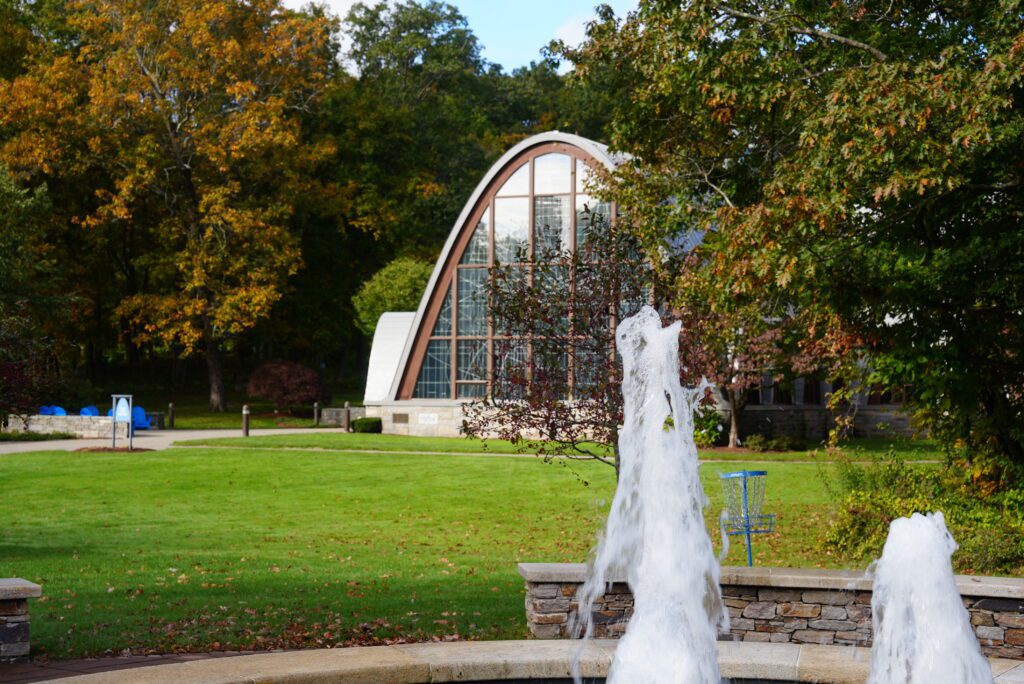 A view of the Chapel of the Holy Spirit at Assumption University in the fall.