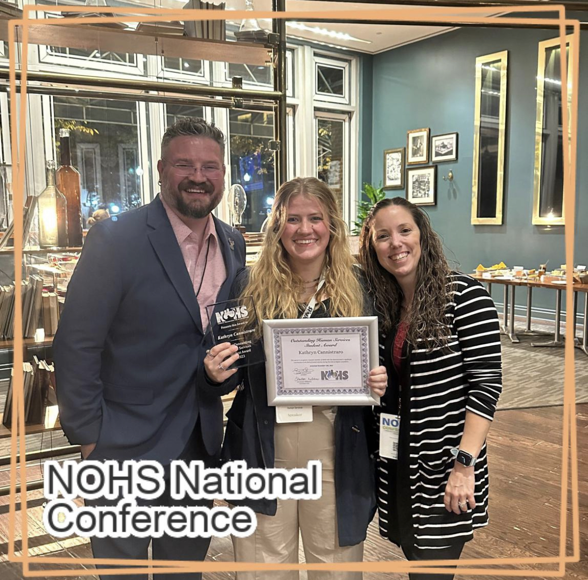 Katy Cannistraro '24 receives the NOHS Outstanding Human Services Student Award, with NOHS President James Stinchcomb and Professor Christian Williams.