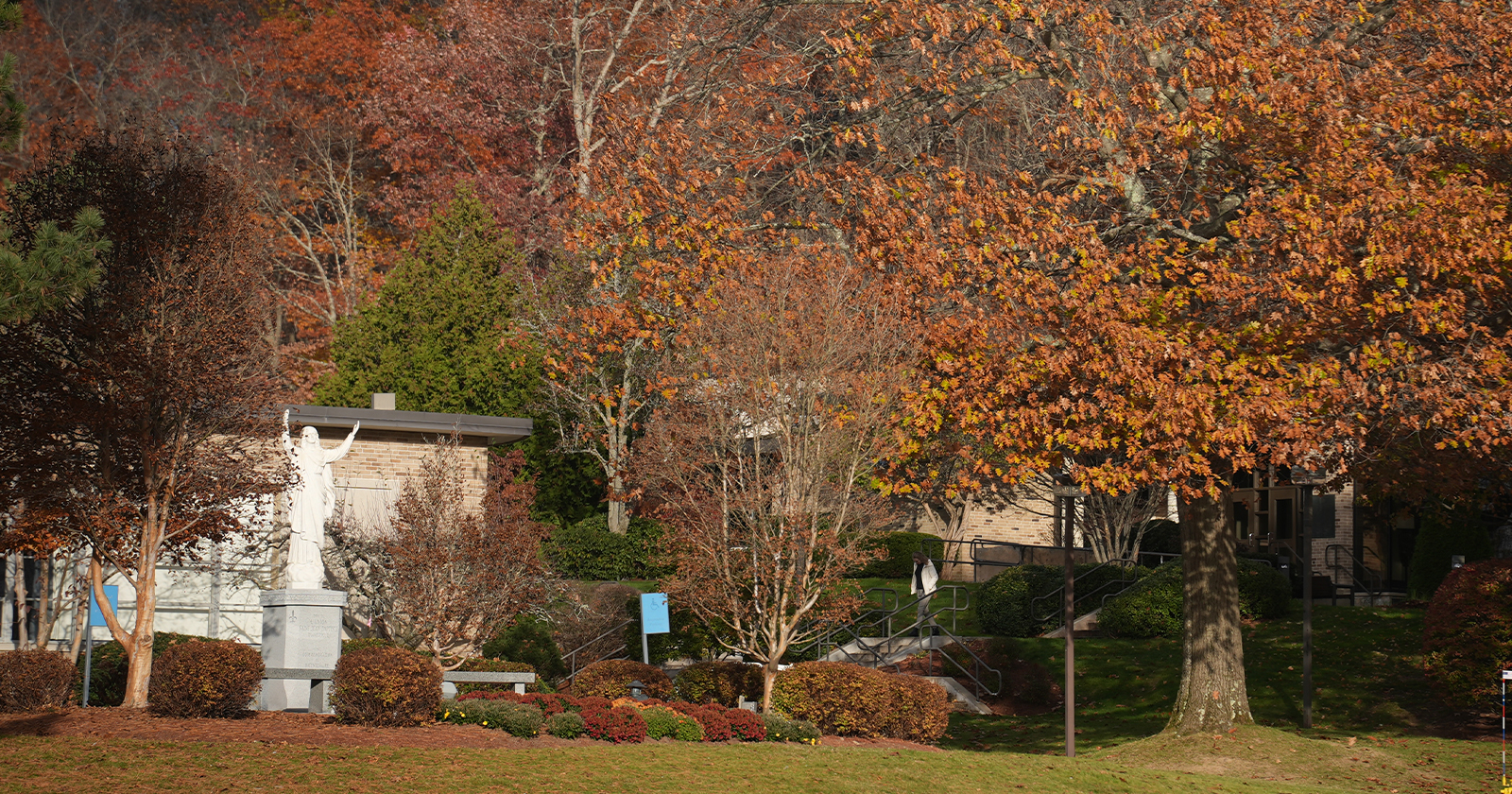 Scenery photo of the front of campus on a sunny fall day.