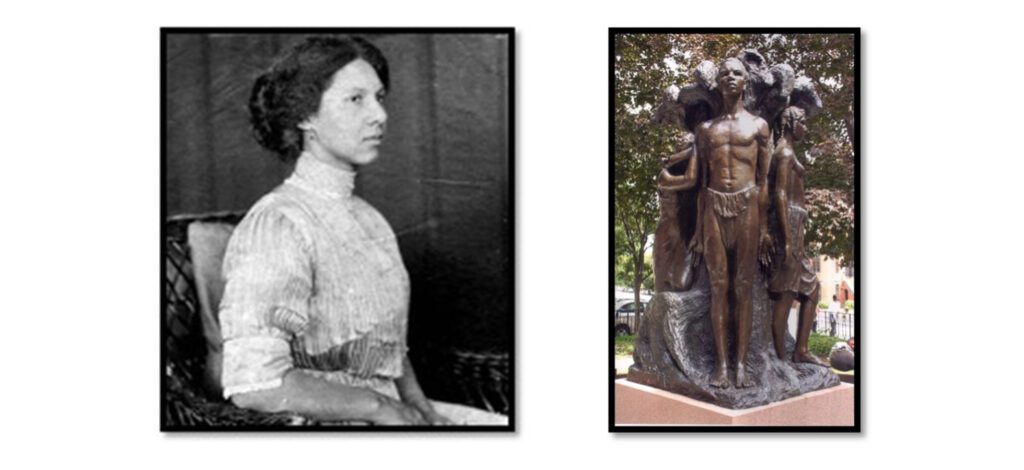 Two photos are shown side by side. Left: a photo of Meta Warrick Fuller. Right: Meta Warrick Fuller's work entitled Emancipation, in Boston's South End.