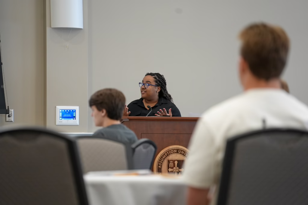 A student presents research at the 2025 Undergraduate Research Symposium