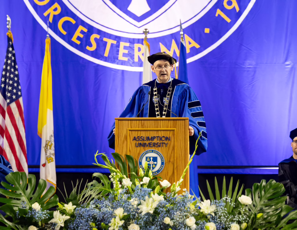 President Greg Weiner speaks at Assumption's commencement