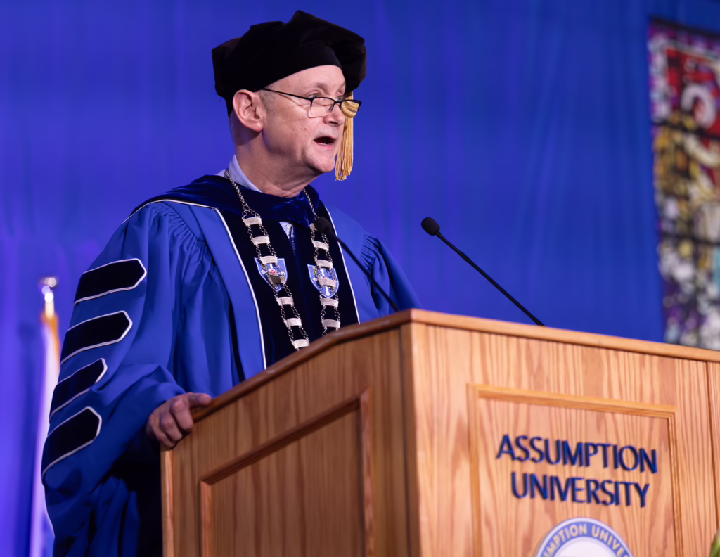 President Greg Weiner speaks at Assumption's graduate commencement ceremony.