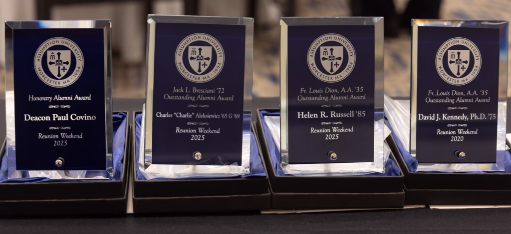 Alumni Awards displayed on table