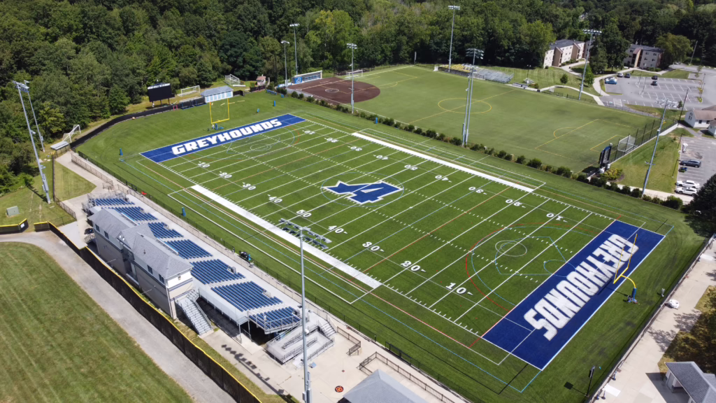 An overhead view of Assumption University's Brian Kelly Stadium's new turf.